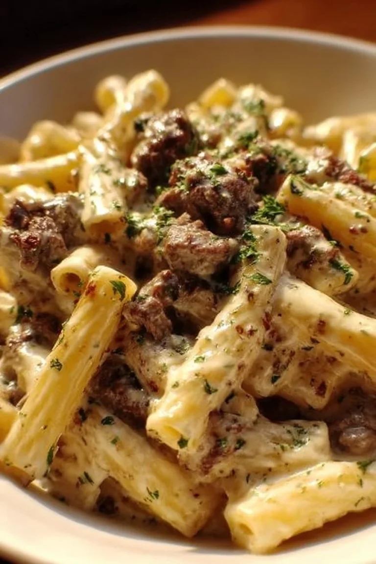 Creamy Beef Alfredo Ziti with tender beef and rich Alfredo sauce