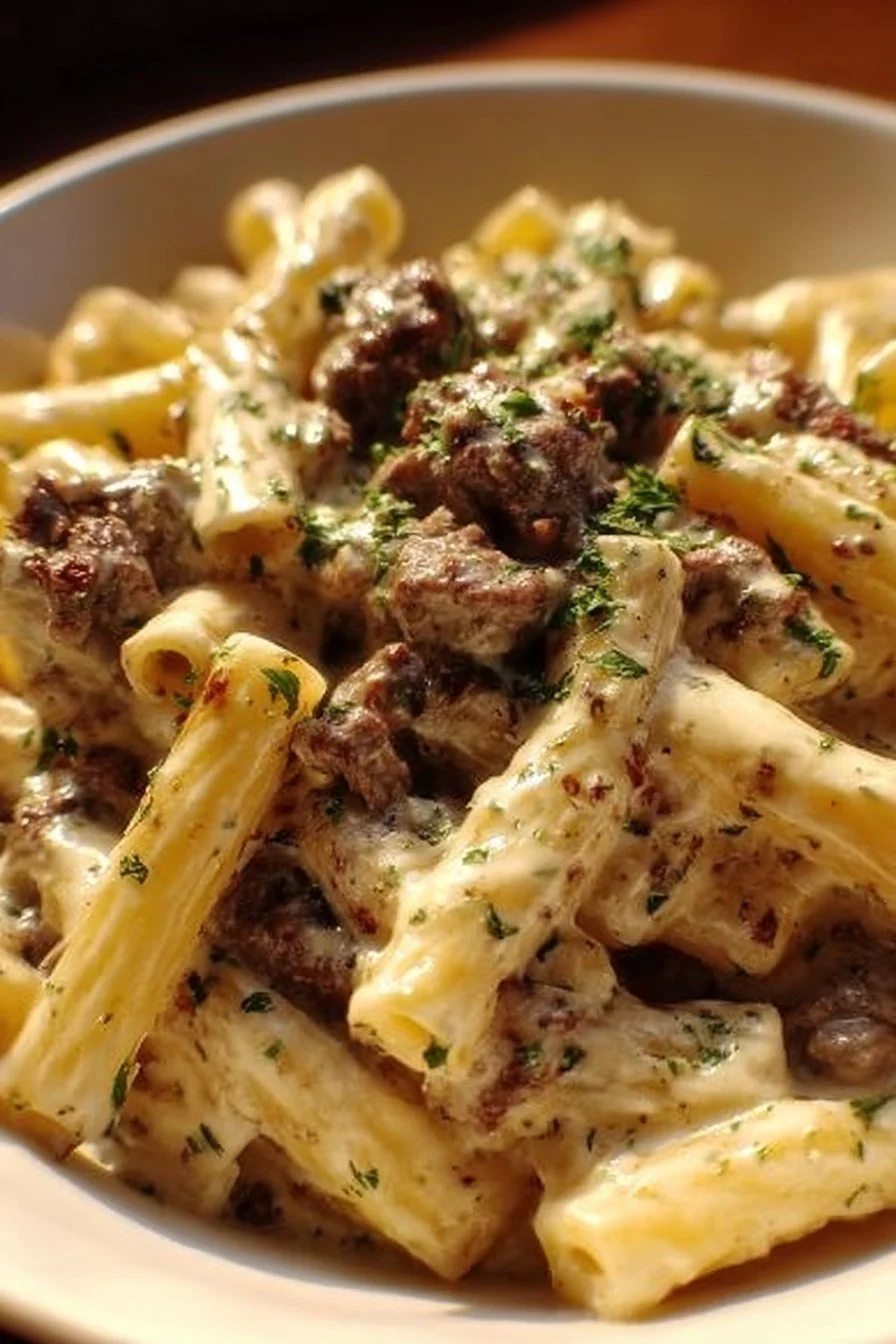 Creamy Beef Alfredo Ziti with tender beef and rich Alfredo sauce