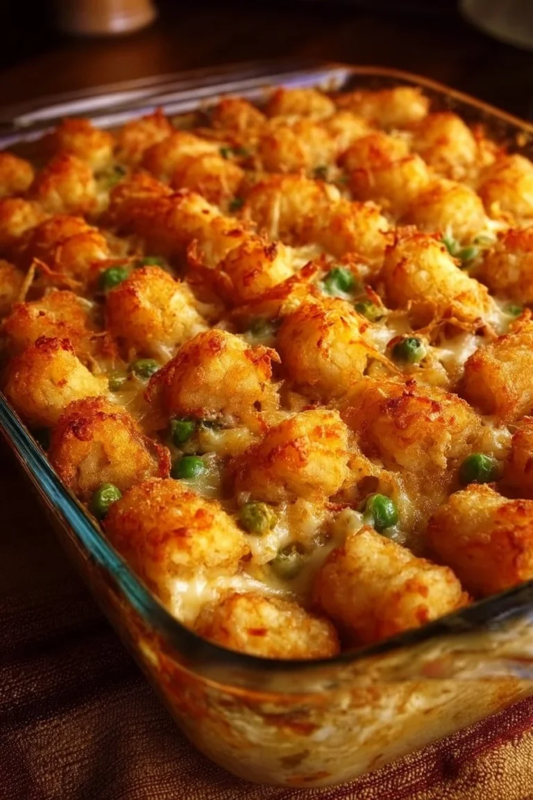Creamy chicken alfredo tater tot casserole baked until golden and bubbly