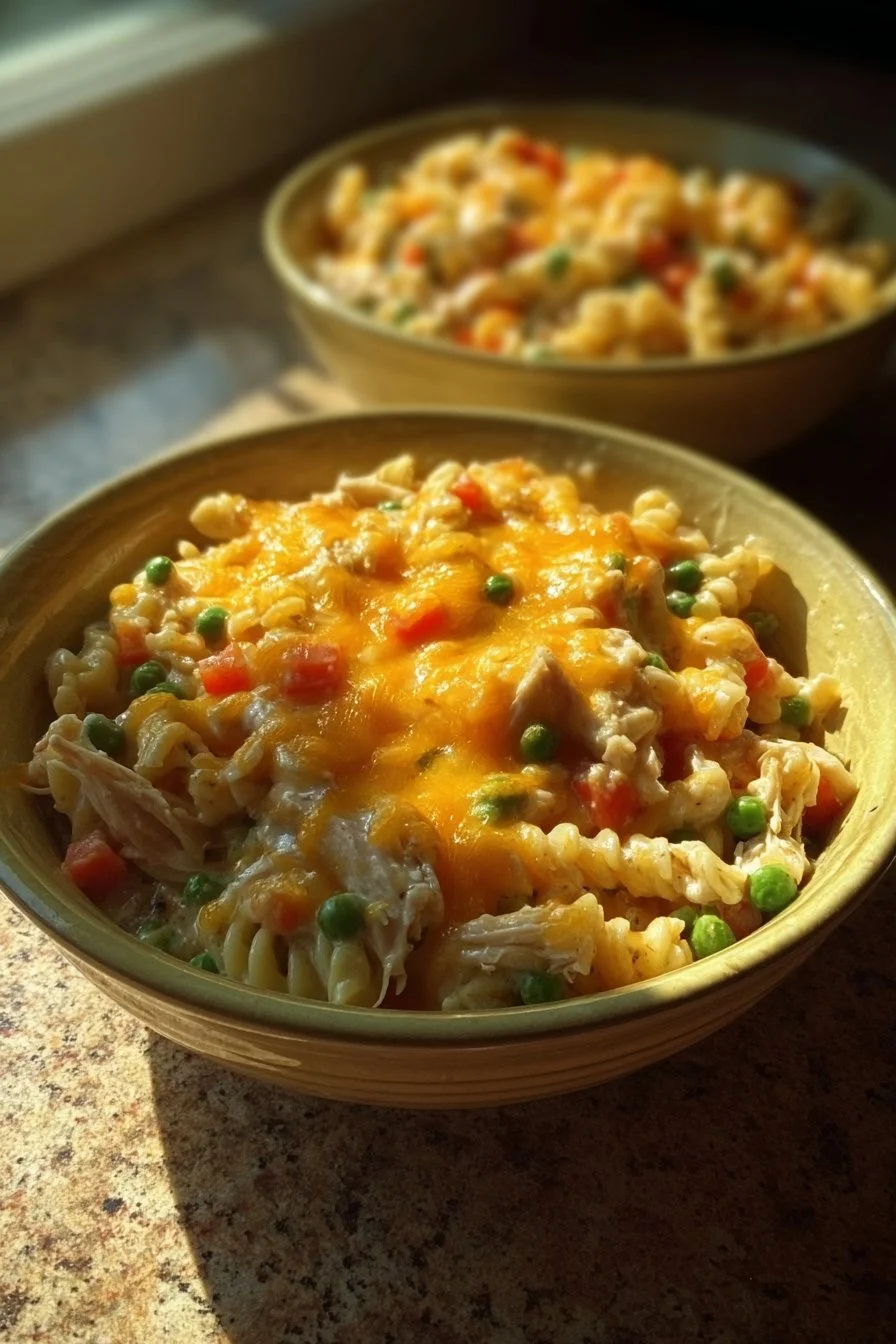 Creamy chicken pot pie pasta served in a bowl with herbs