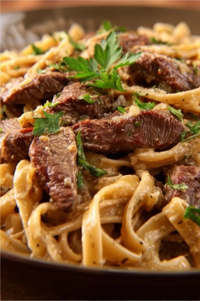 Creamy garlic steak pasta with tender steak pieces and rich sauce