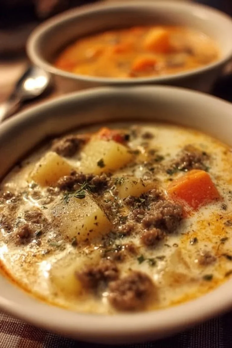 Bowl of creamy hamburger potato soup topped with herbs and fresh ingredients.