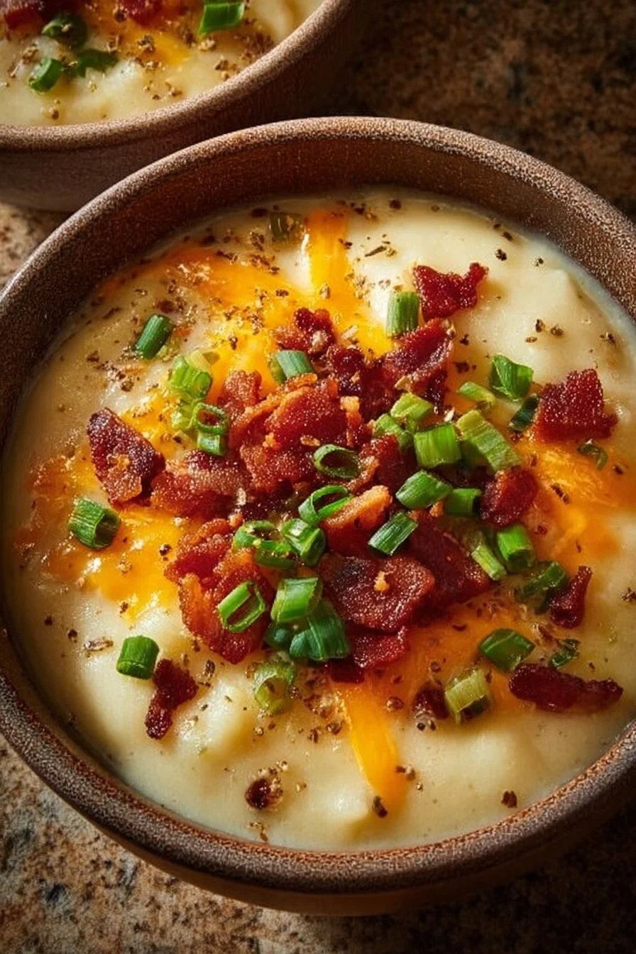 Creamy loaded potato soup topped with cheese and chives in a bowl