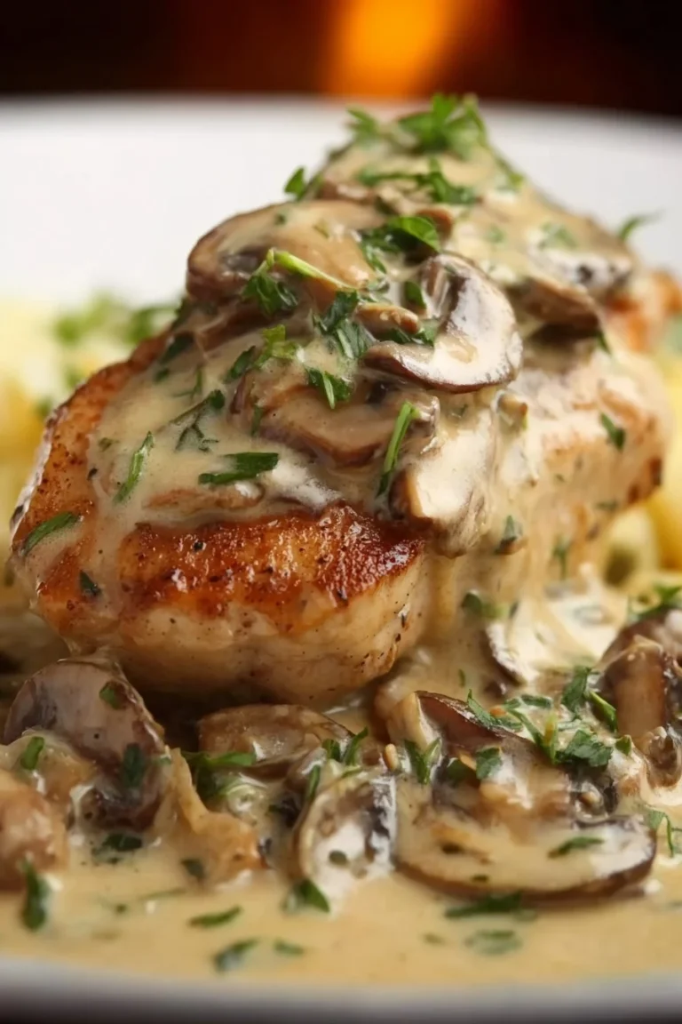 Creamy mushroom chicken served on a plate with herbs and spices.