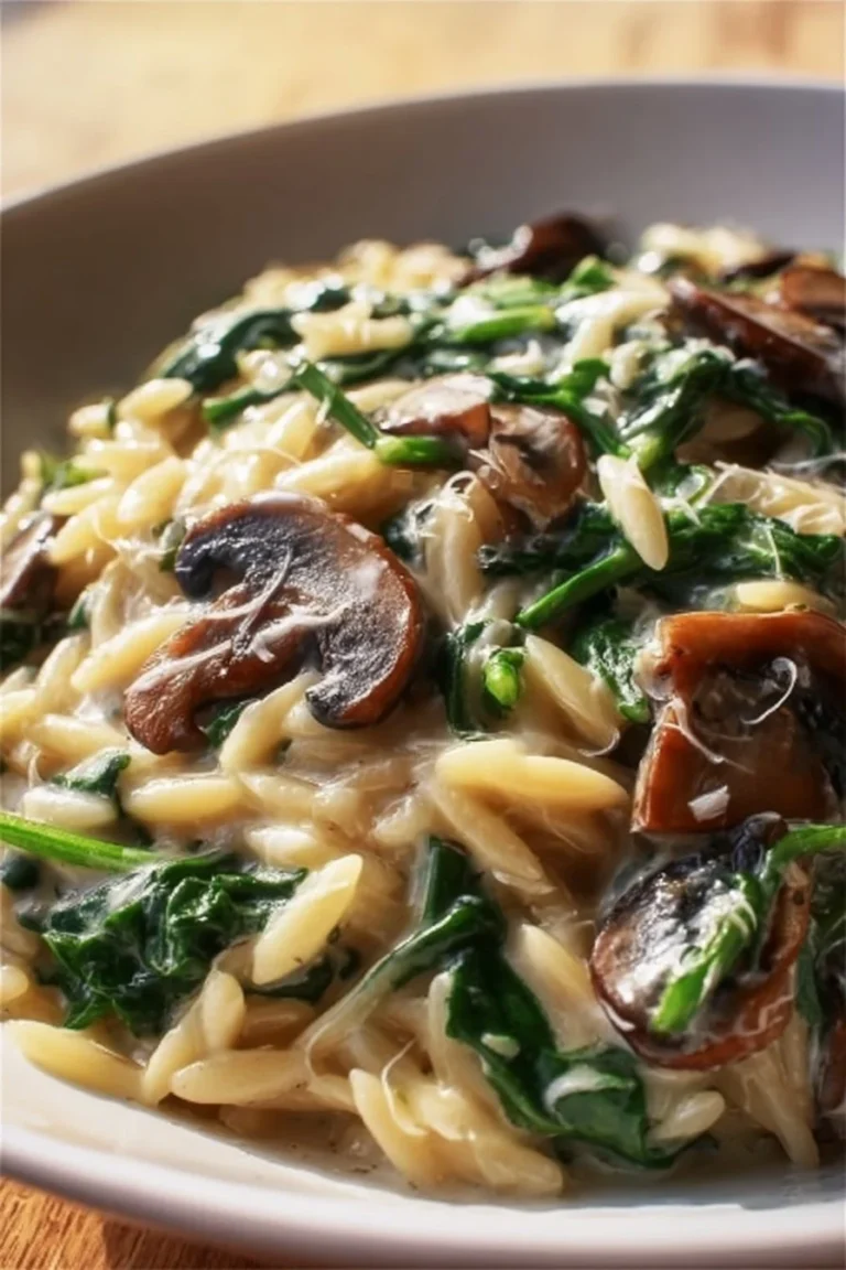 Creamy orzo dish with mushrooms and fresh spinach served in a bowl