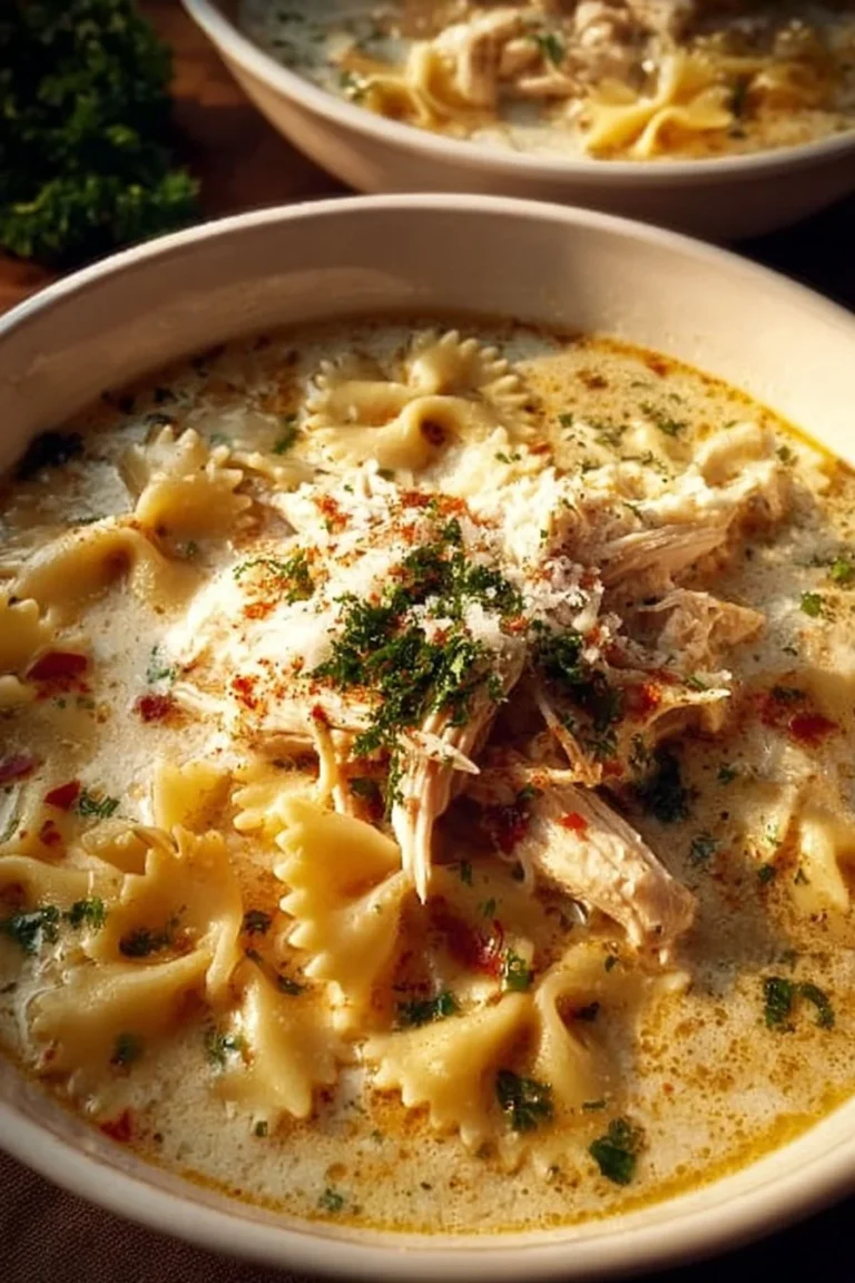 Creamy white chicken lasagna soup in a bowl with herbs and cheese