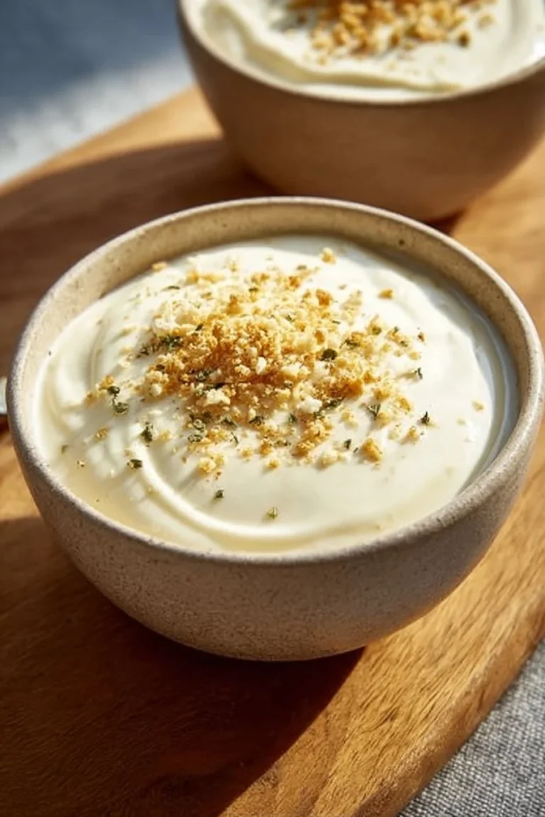 Creamy white garlic pizza sauce in a bowl with fresh herbs