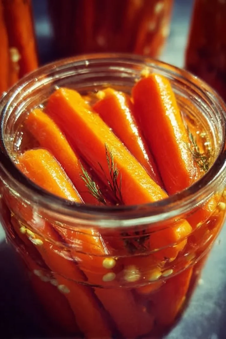 Crisp and tangy pickled carrots in a jar, perfect for adding flavor to meals.