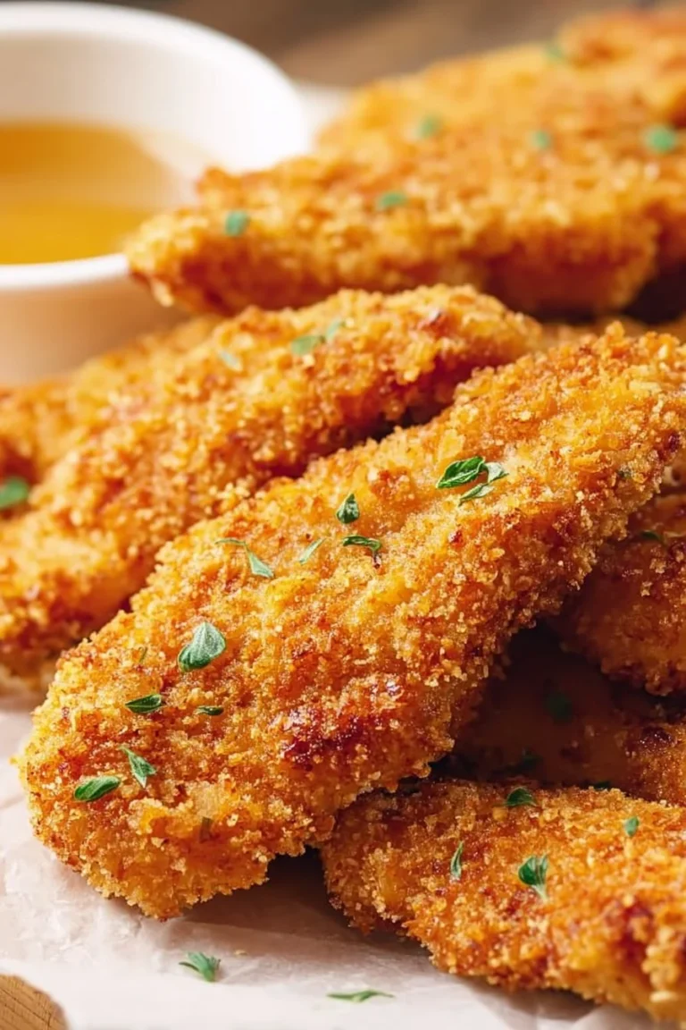 Crispy baked chicken tenders on a plate with dipping sauce