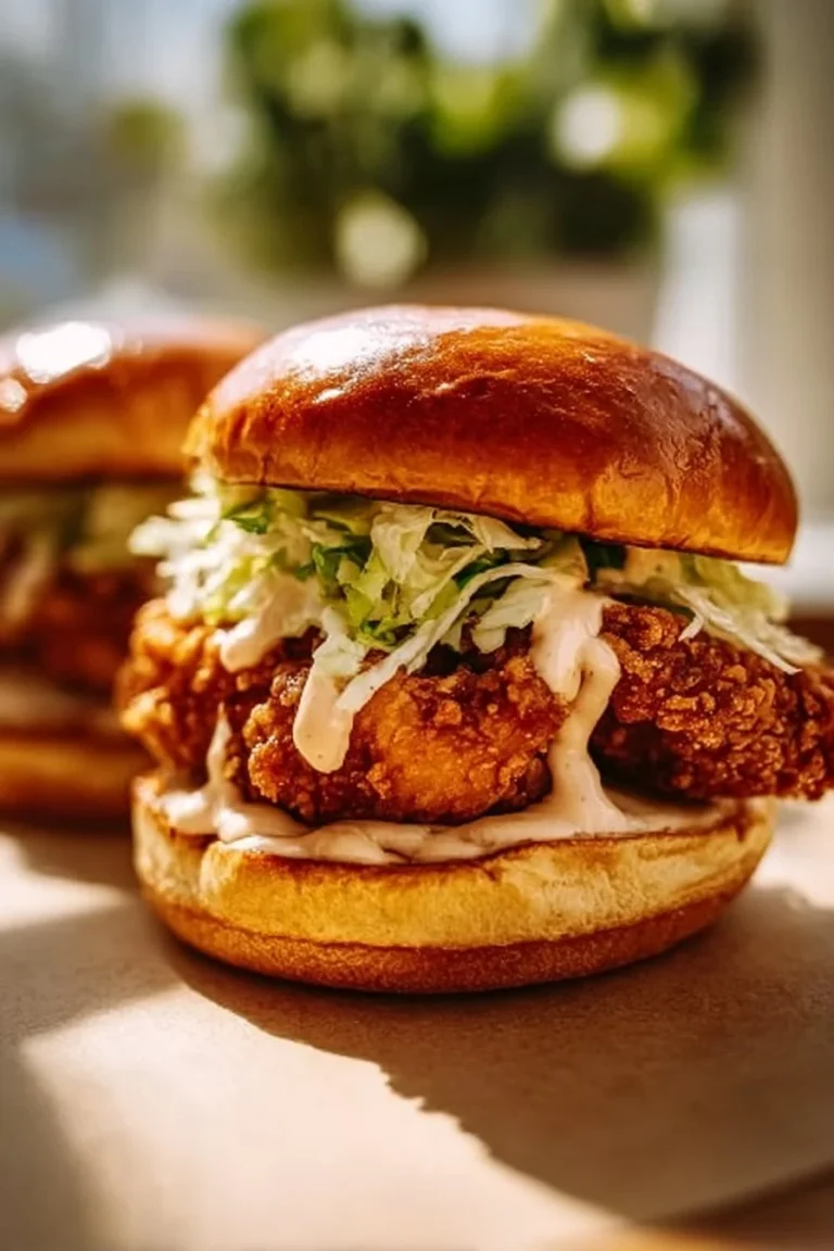 Crispy chicken sandwich with lettuce and sauce on a toasted bun