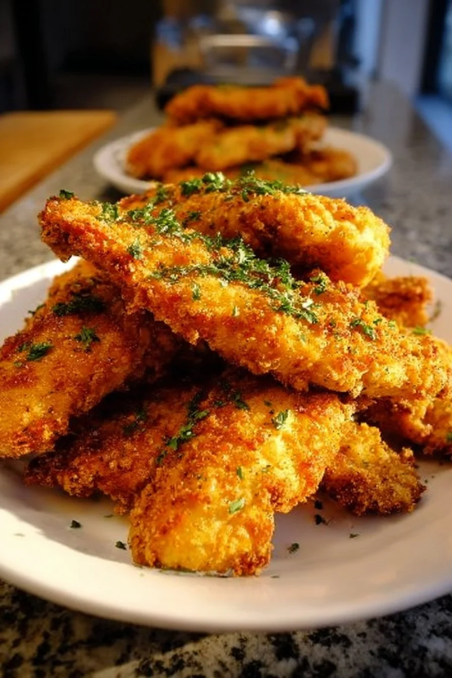 Plate of crispy chicken tenders served with dipping sauce