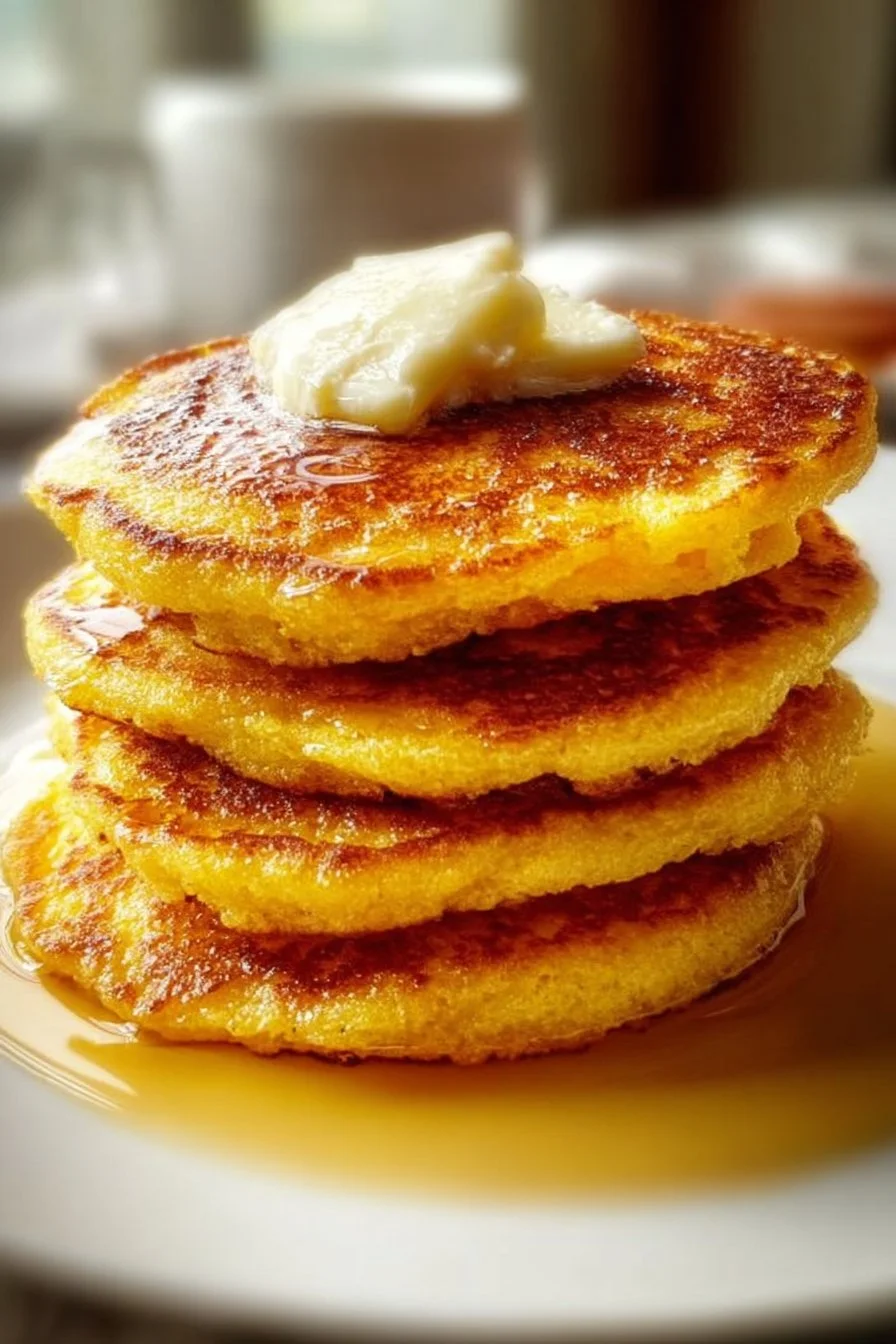 Delicious crispy cornmeal hoecakes served on a plate with syrup and butter