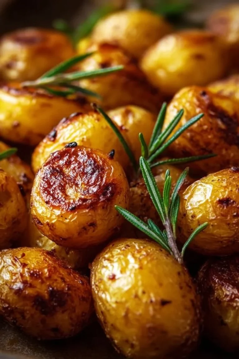 Crispy garlic roasted potatoes served on a plate, garnished with herbs.