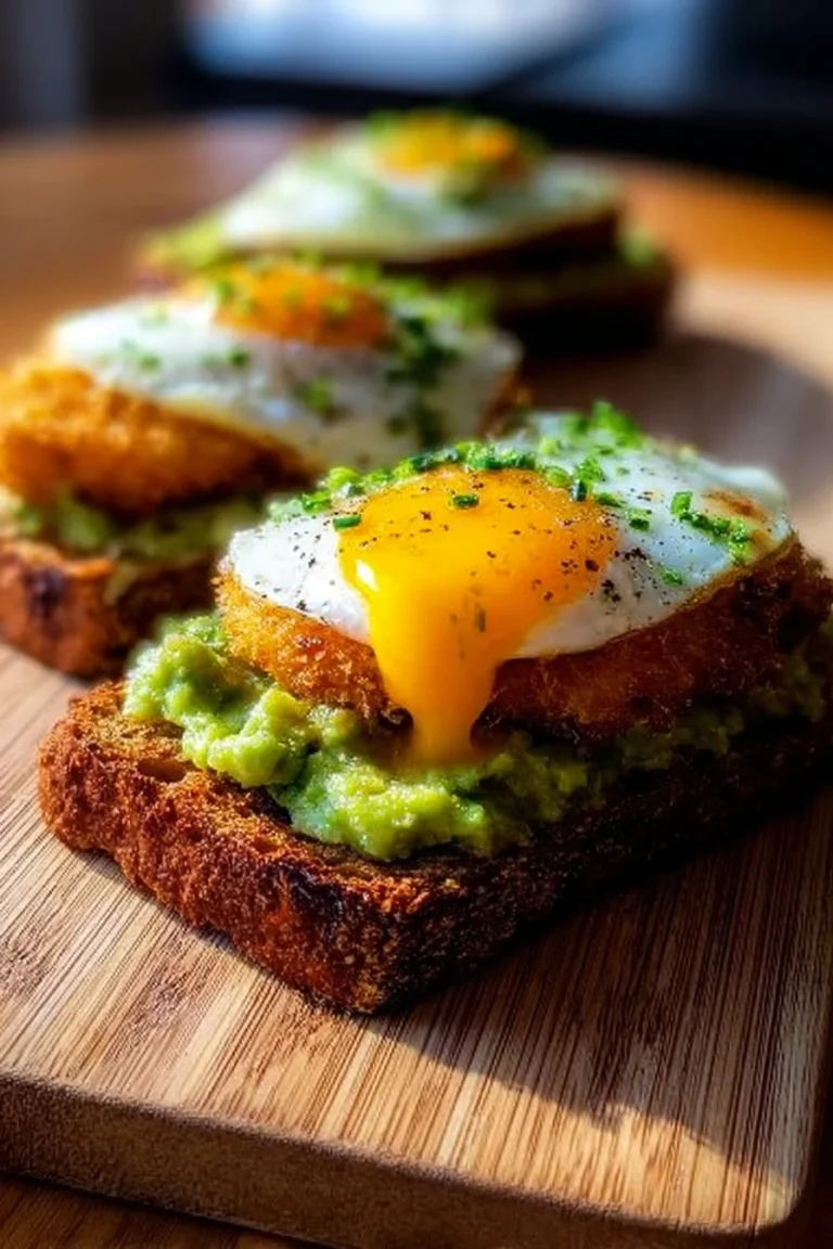Crispy panko crusted eggs on avocado toast topped with herbs and spices.
