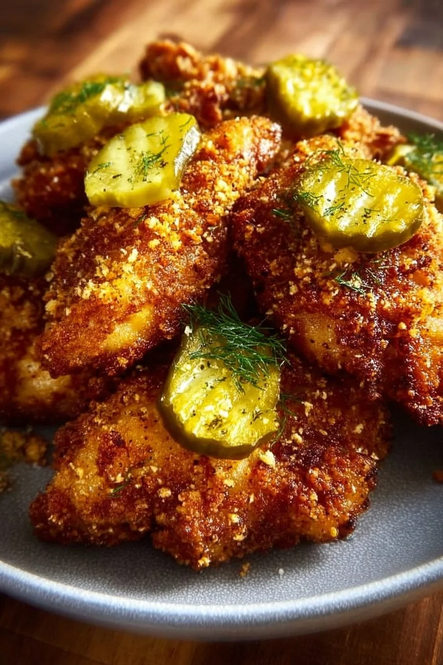 Crispy pickle parmesan chicken garnished with fresh herbs on a plate.