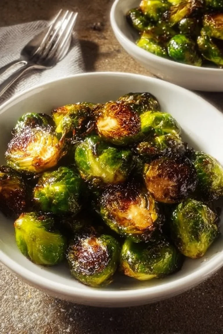 A plate of crispy roasted Brussels sprouts garnished with herbs
