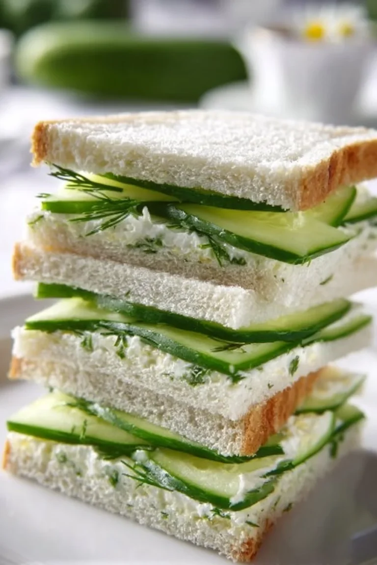 A platter of freshly made cucumber sandwiches with herbs and cream cheese