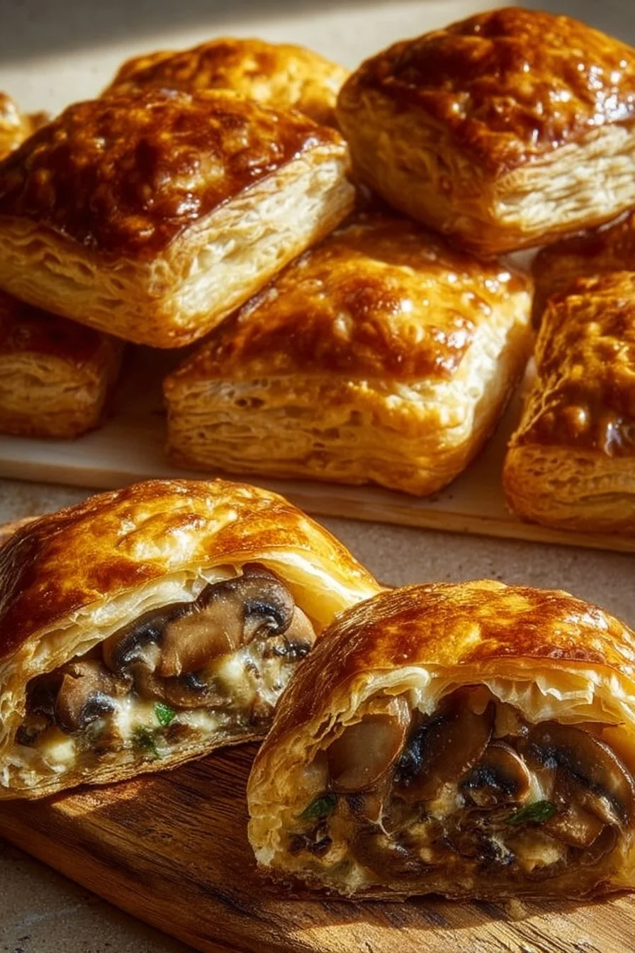 Delicious puff pastry mushroom Gruyere bites appetizer served on a platter