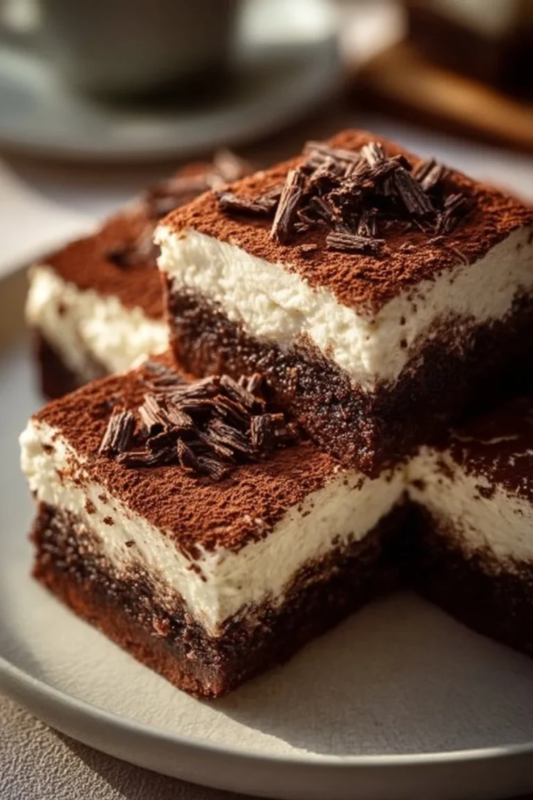 Decadent tiramisu brownies topped with cocoa powder and coffee flavor