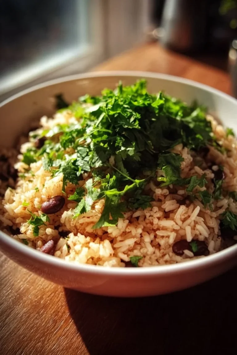 A bowl of delicious Coconut Rice and Beans served with vibrant vegetables.