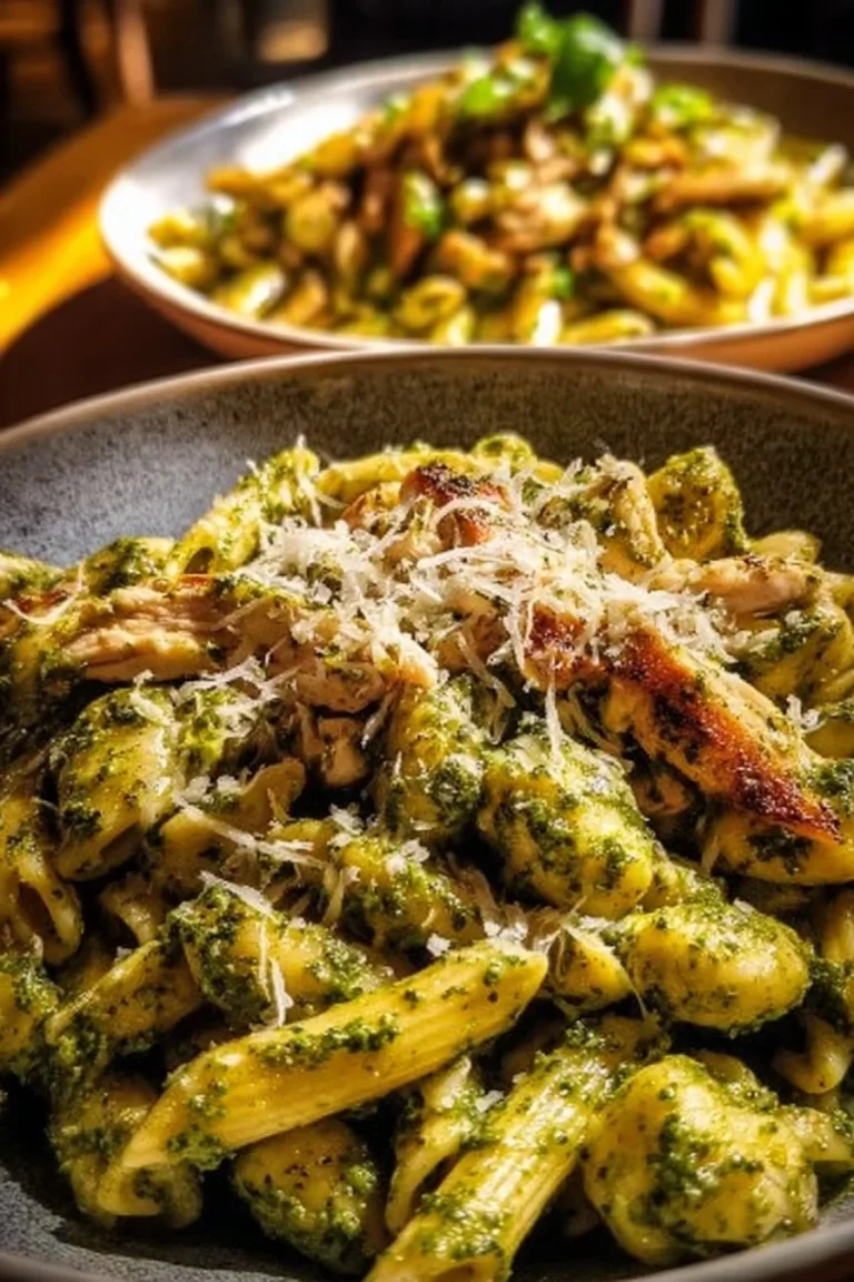 A plate of delicious pesto chicken pasta with fresh basil and grilled chicken.