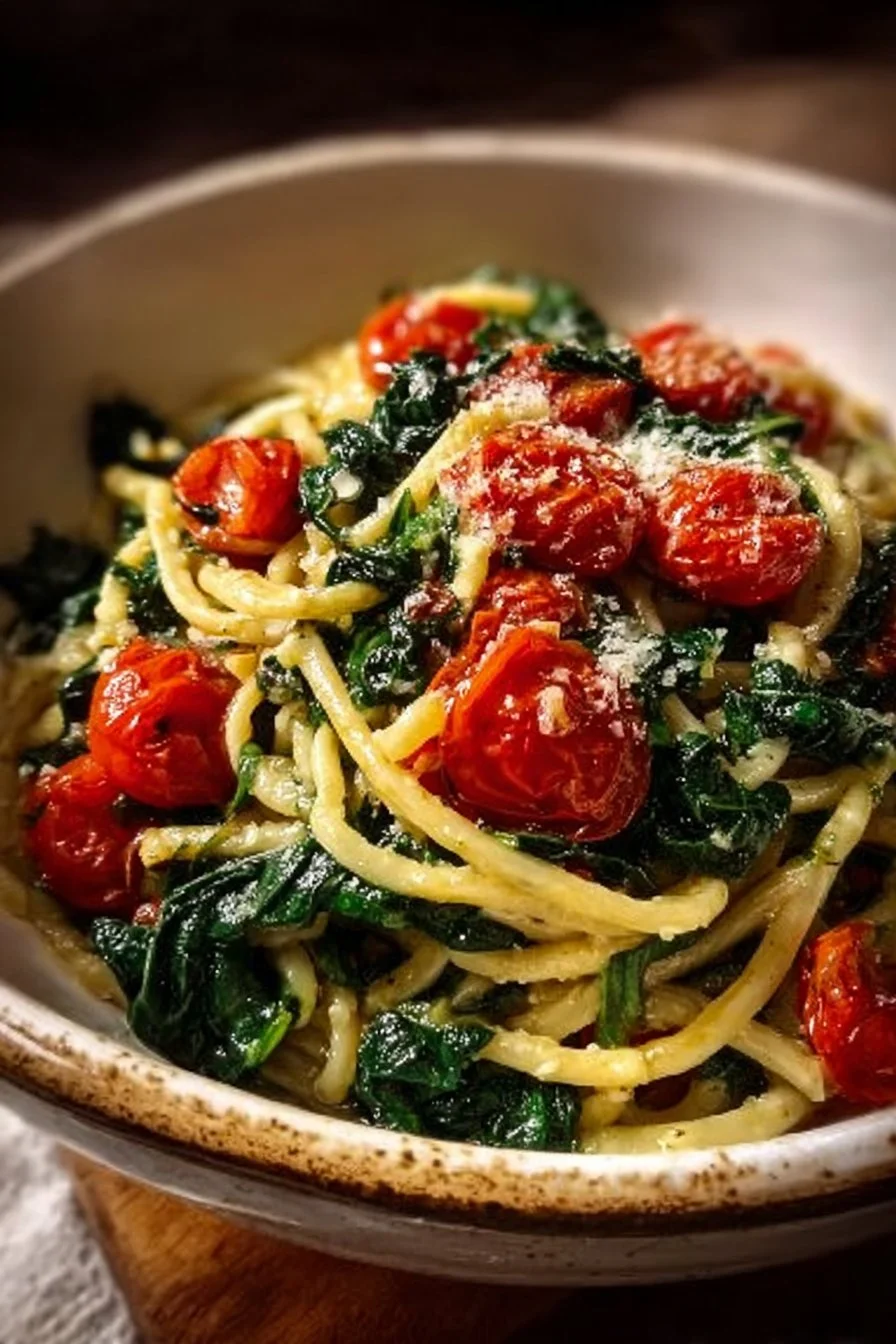 Delicious Spinach Tomato Pasta with fresh ingredients served on a plate