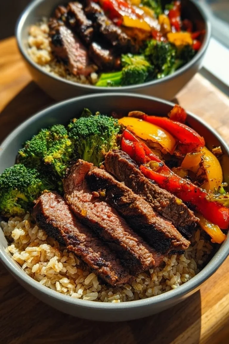 Meal prep steak bowl with fresh vegetables and grains