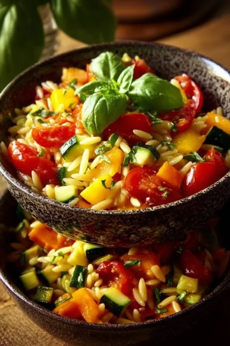 Bowl of delicious veggie orzo with fresh vegetables and herbs