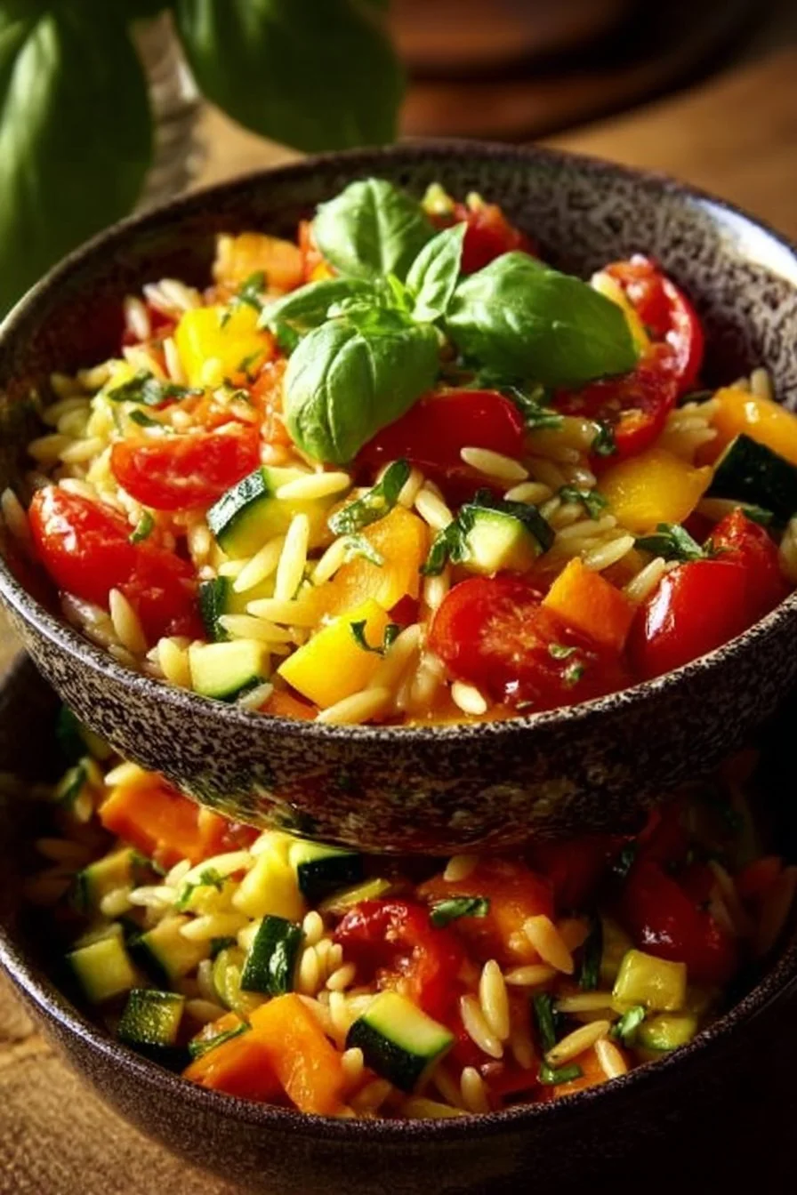 Bowl of delicious veggie orzo with fresh vegetables and herbs