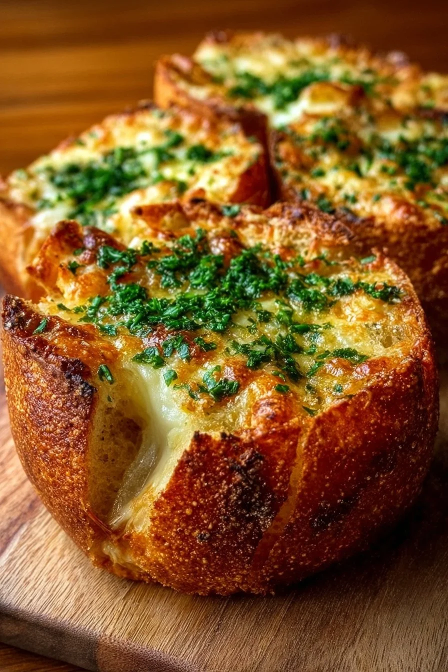 Delicious cheesy garlic bread bowls filled with garlic and cheese