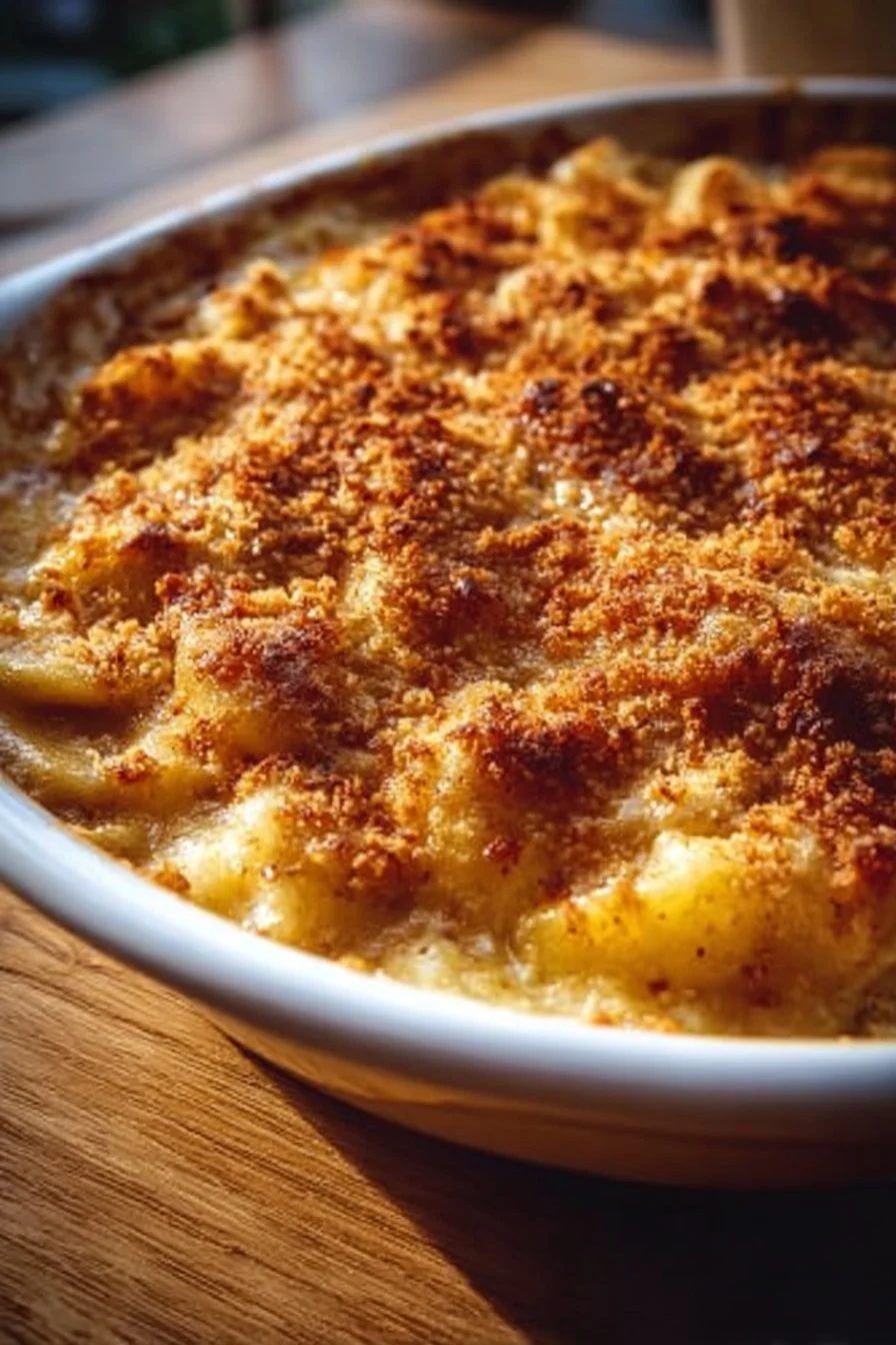 Apple bubble casserole topped with cinnamon and melted butter in a baking dish.