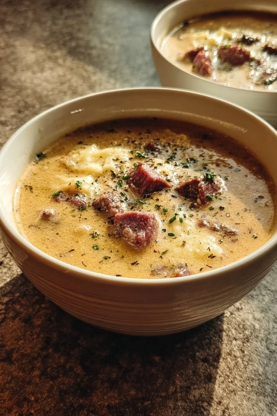Bowl of delicious Reuben soup topped with herbs and bread