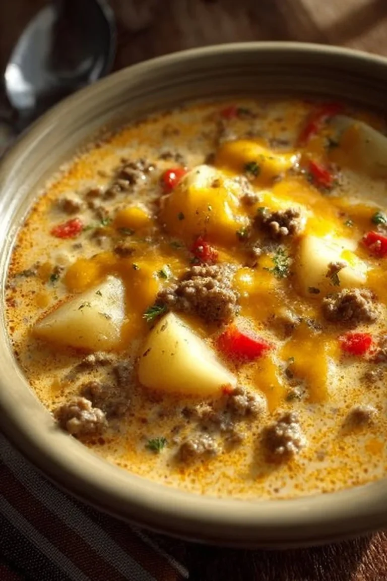 Bowl of deliciously creamy cheeseburger soup garnished with herbs