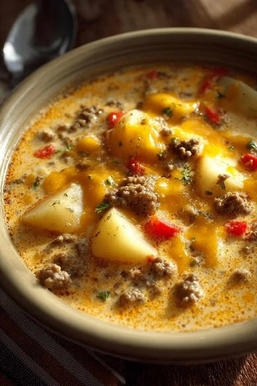 Bowl of deliciously creamy cheeseburger soup garnished with herbs