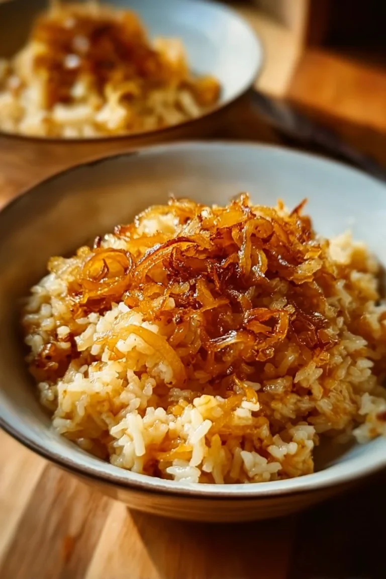 Deliciously creamy French onion rice served in a bowl with garnishes