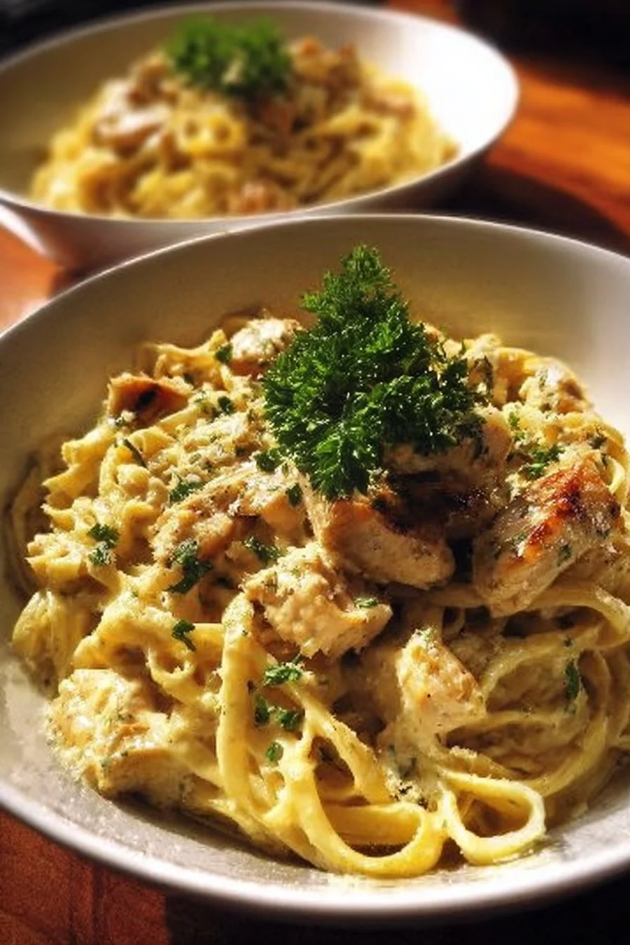 Delicious Garlic Parmesan Chicken Pasta in a creamy sauce garnished with parsley