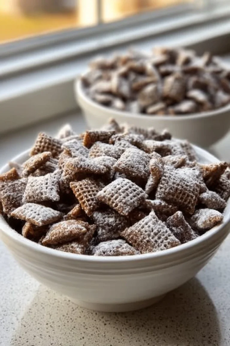 Bowl of deliciously crunchy puppy chow snack mix with chocolate and peanut butter