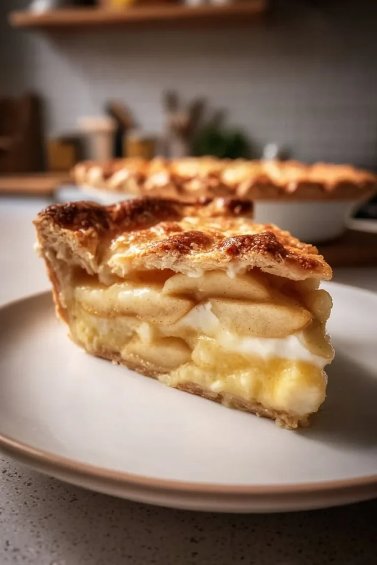 Deliciously decadent apple custard pie topped with whipped cream