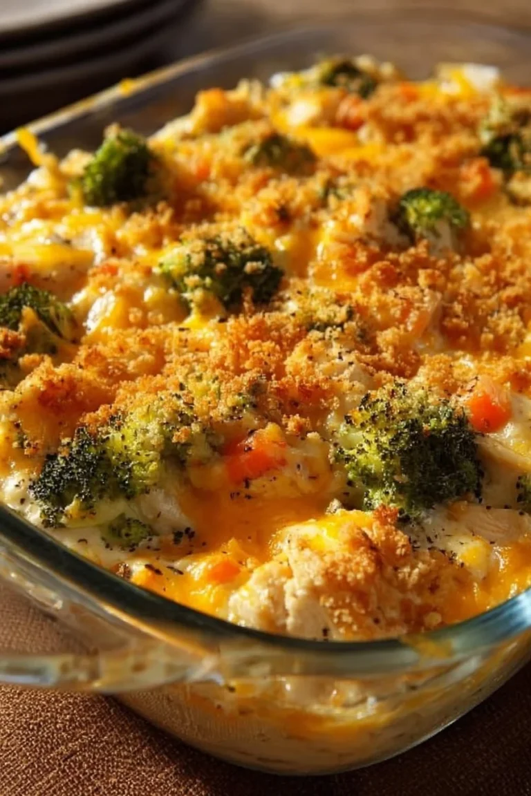 A scrumptious chicken casserole dish topped with golden brown cheese and herbs