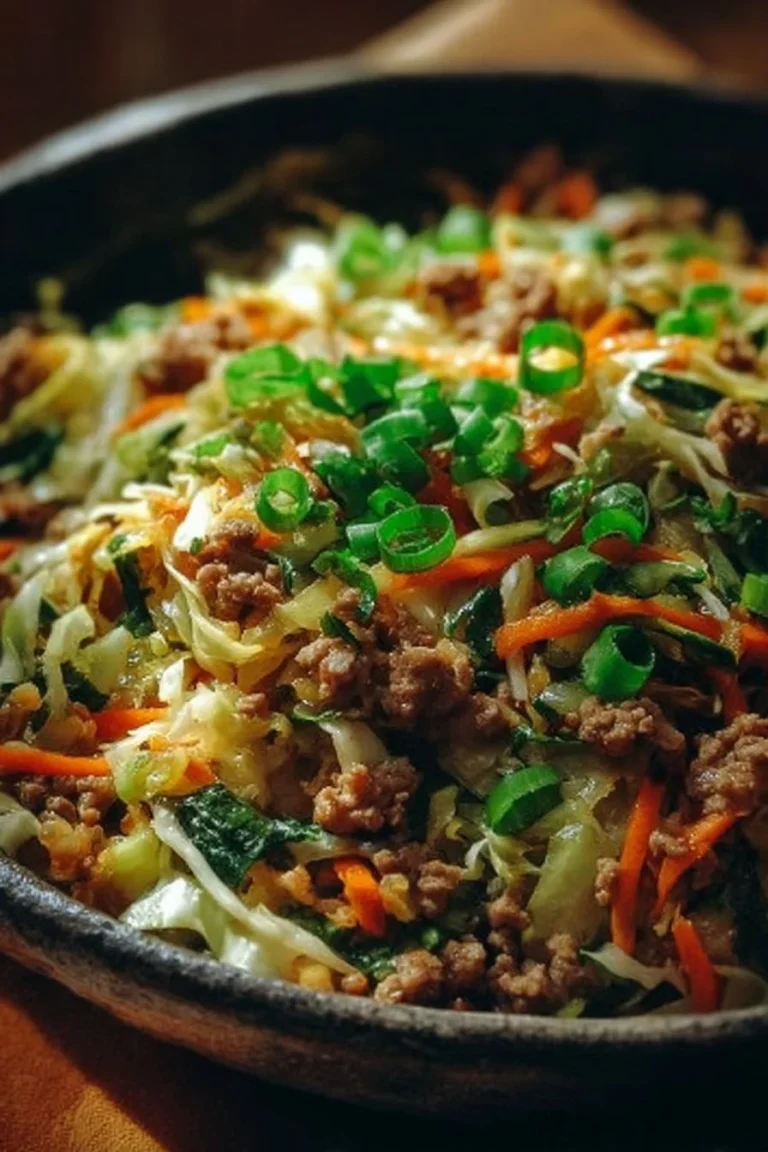 A colorful egg roll bowl filled with vegetables and meat, ideal for a quick meal.