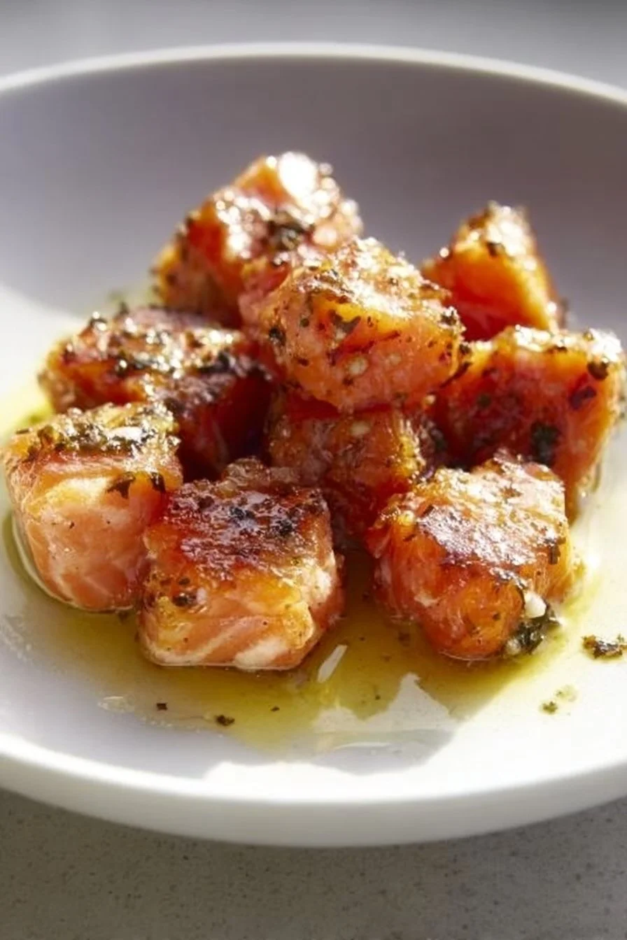 Tasty salmon bites served on a platter, perfect for appetizers or snacks