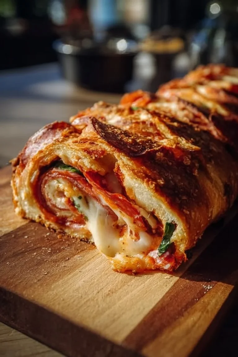 Homemade Stromboli filled with cheese and pepperoni on a wooden board.