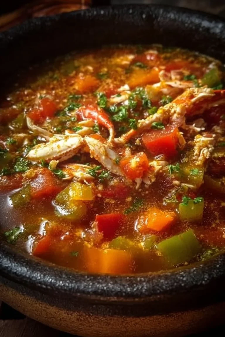 Bowl of deliciously hearty crab stew with fresh ingredients and herbs