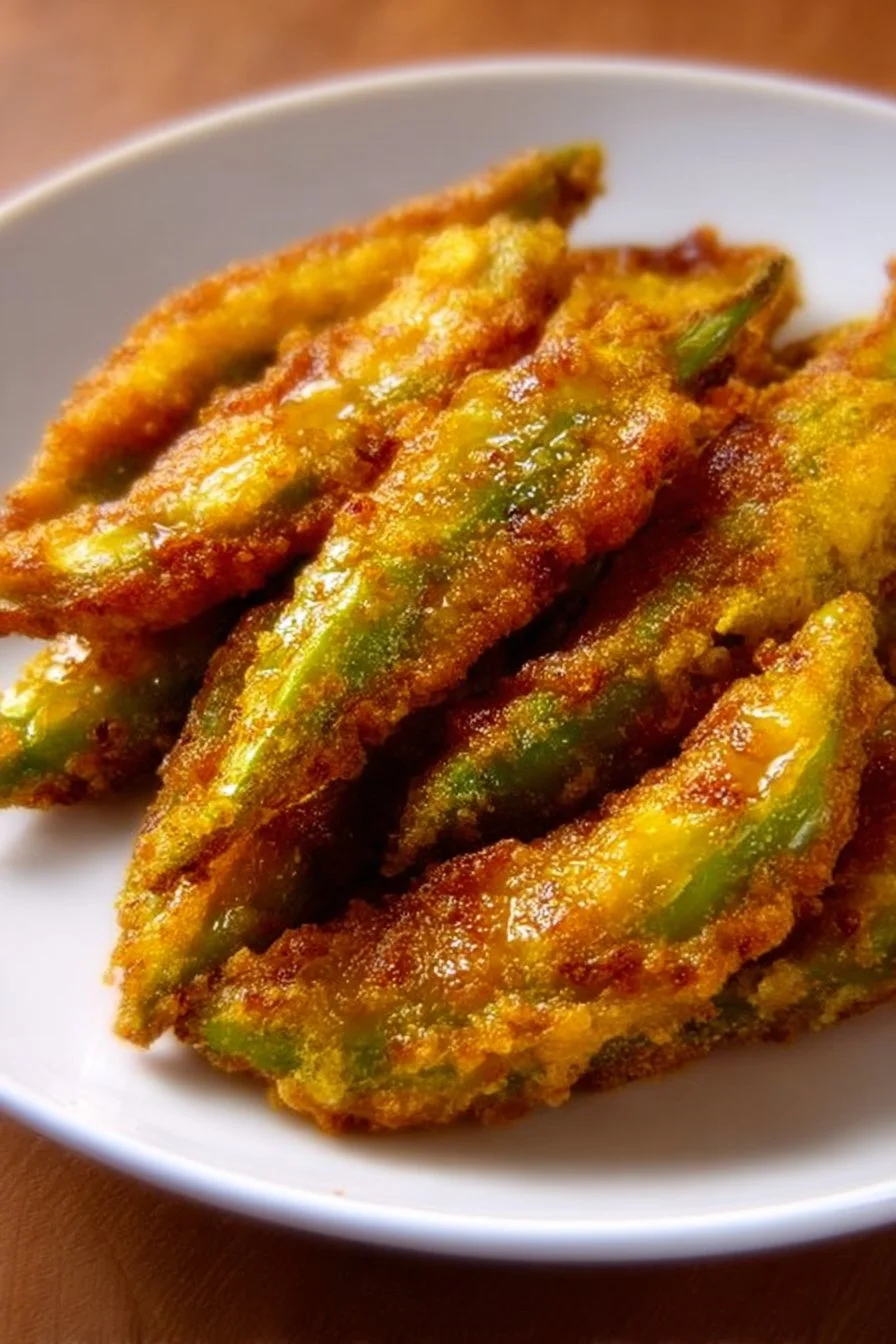 Plate of deliciously stuffed fried banana peppers garnished with herbs.
