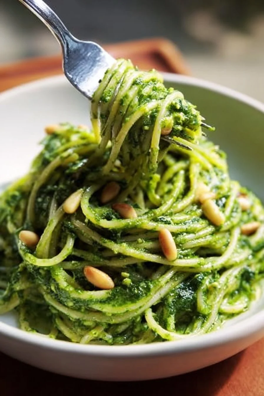 Plate of vibrant green spaghetti garnished with fresh herbs and vegetables.
