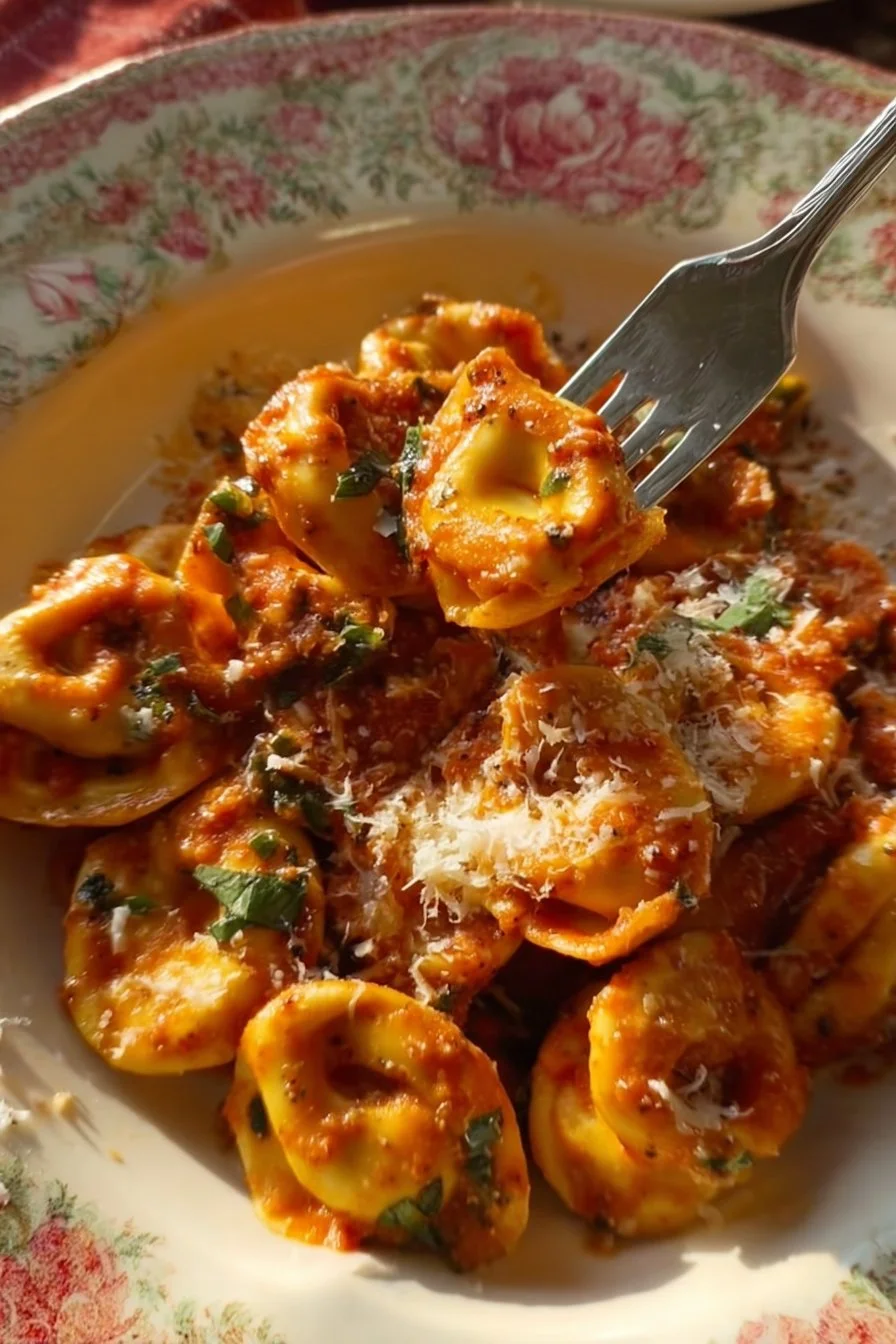 Easy Dump & Bake Tortellini dish ready for serving
