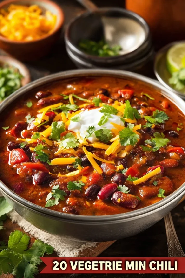 Bowl of easy vegetarian chili garnished with fresh herbs