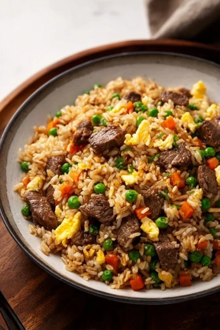 Plate of easy beef fried rice with eggs garnished with green onions