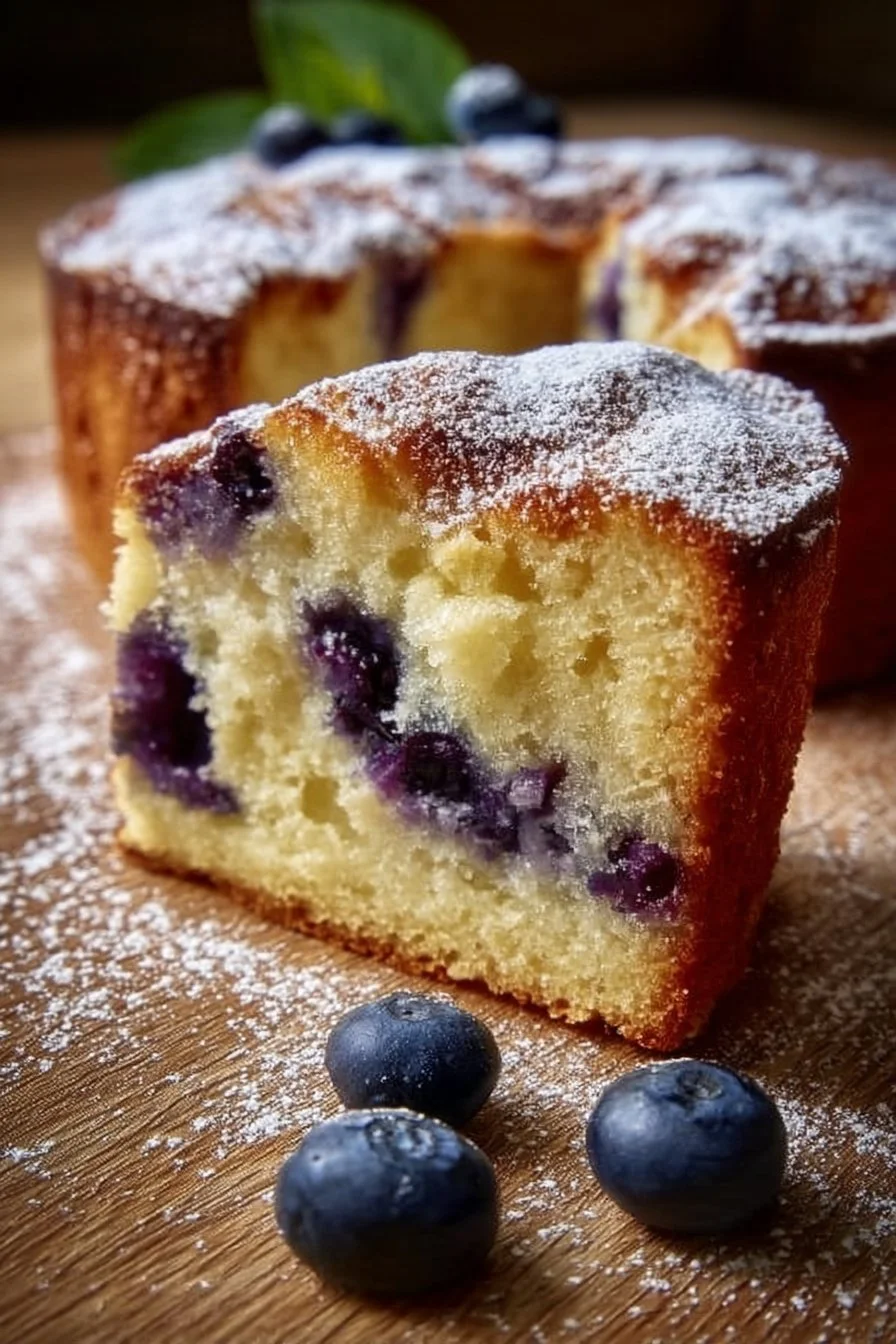 Delicious easy blueberry cream cake topped with fresh blueberries