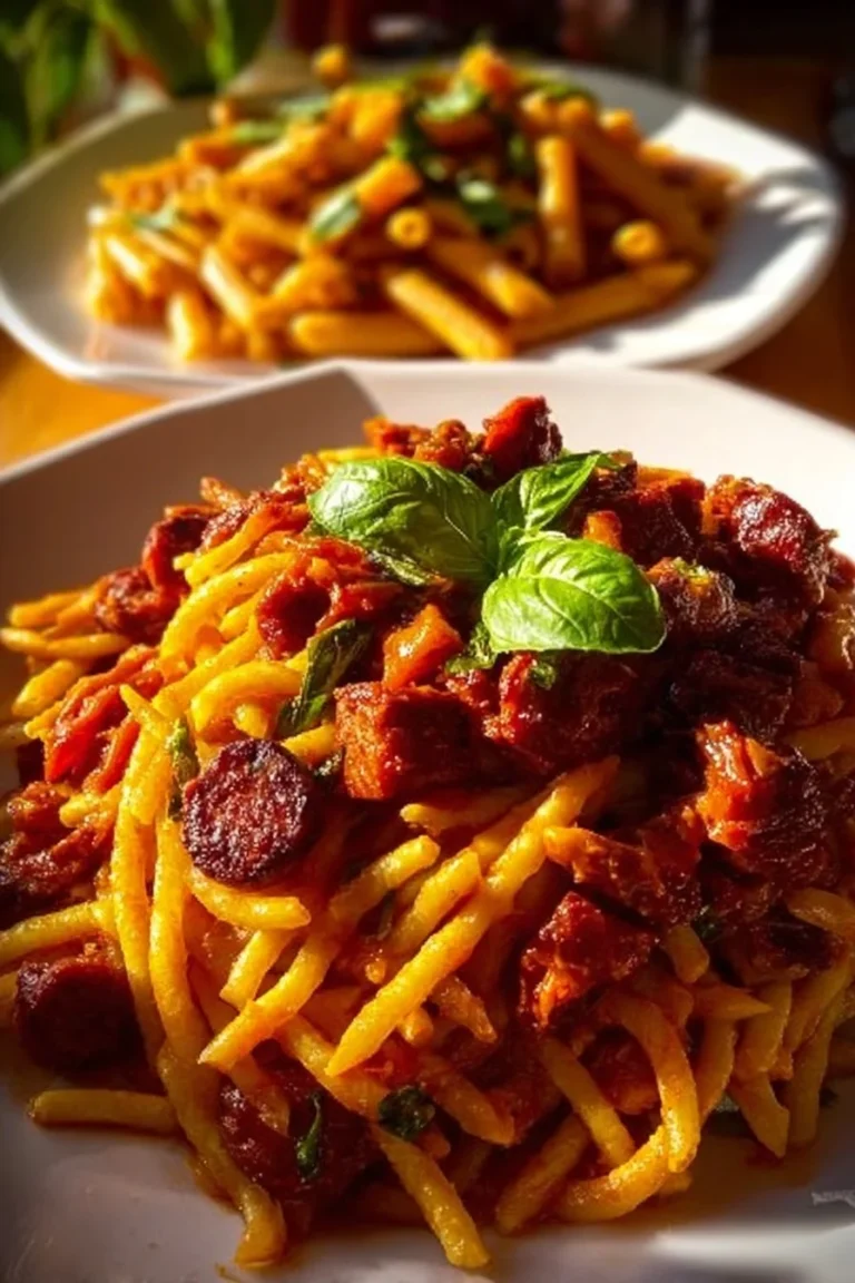 Plate of easy chorizo pasta garnished with parsley and Parmesan cheese